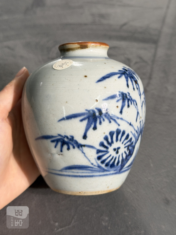清中期青花竹菊纹太白罐 - 图2